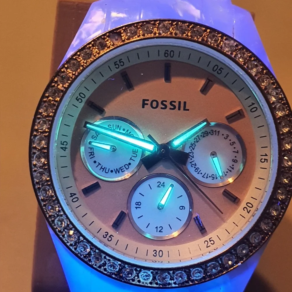 Fossil Stella Rose Gold/White Polycarbonate Rhinestone Women's Watch